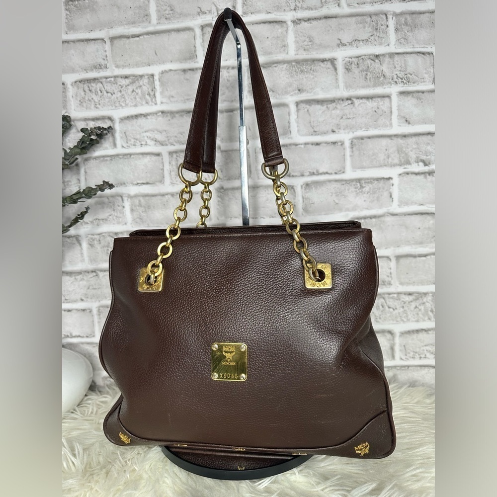 Mcm Vintage Brown Studded Leather Tote Goldtone Hardware Snap Closure